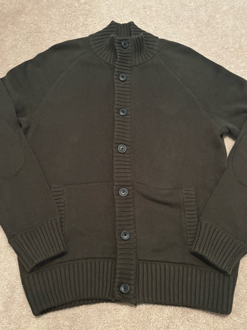 GAP Men’s Large Olive Button-Up Ribbed Cardigan Cotton Zip Patch Elbows